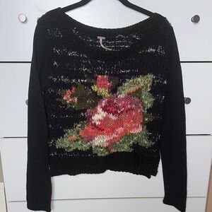 Free People Black Sweater with Floral Design